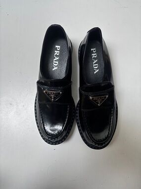 Prada Black Patent Leather Penny Loafers with Logo Plaque